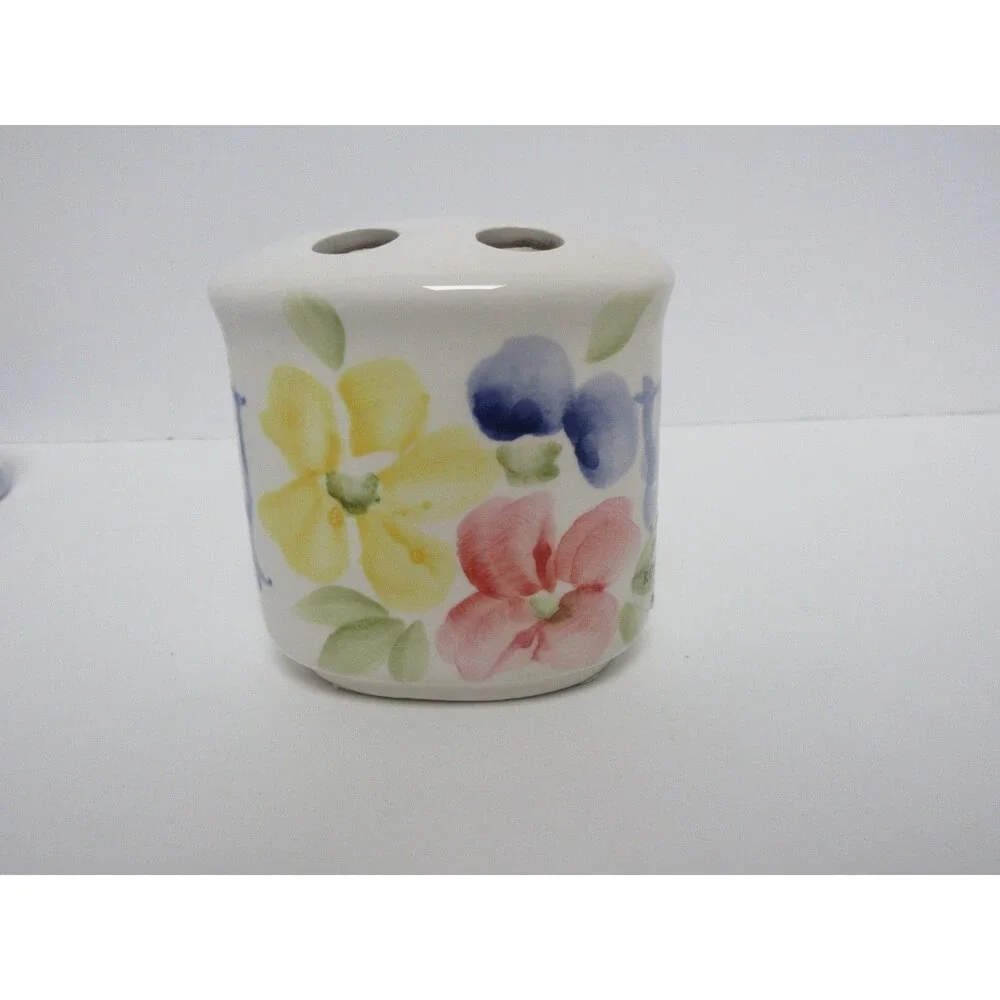 4 pc  Hand Decorated Soap Dispenser Toothbrush holder cup & Soap Dish  Taiwan